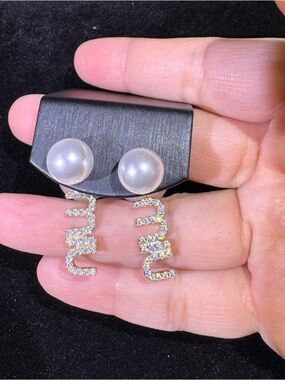 2 Way Pearl Stud Earrings with Sparkling Drop Script